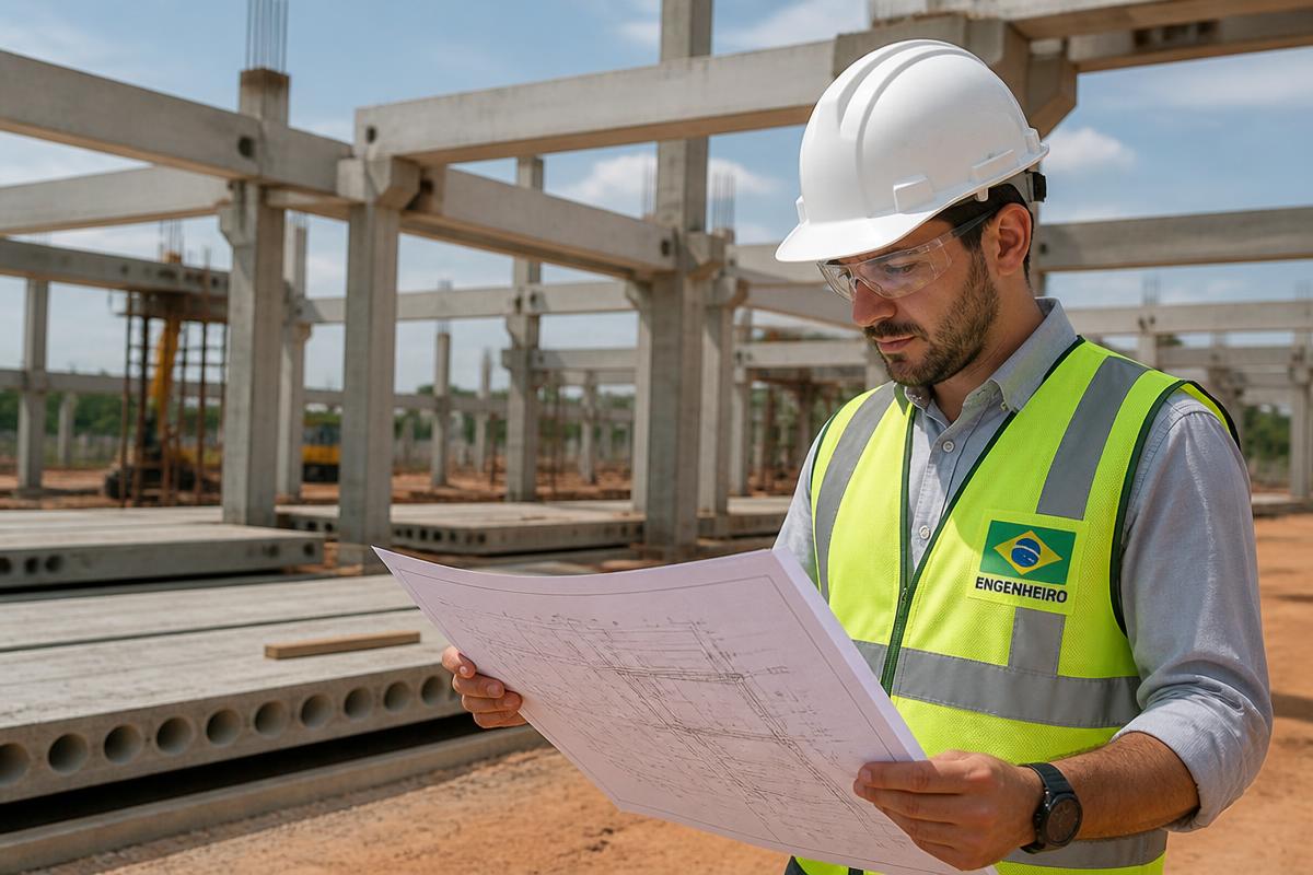 Engenheiro responsável analisando projeto estrutural em obra