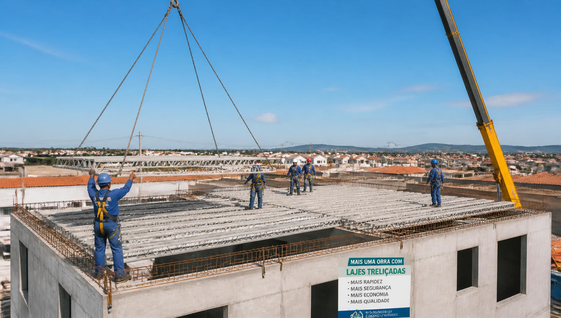 Montagem de laje pré-moldada de treliça em obra